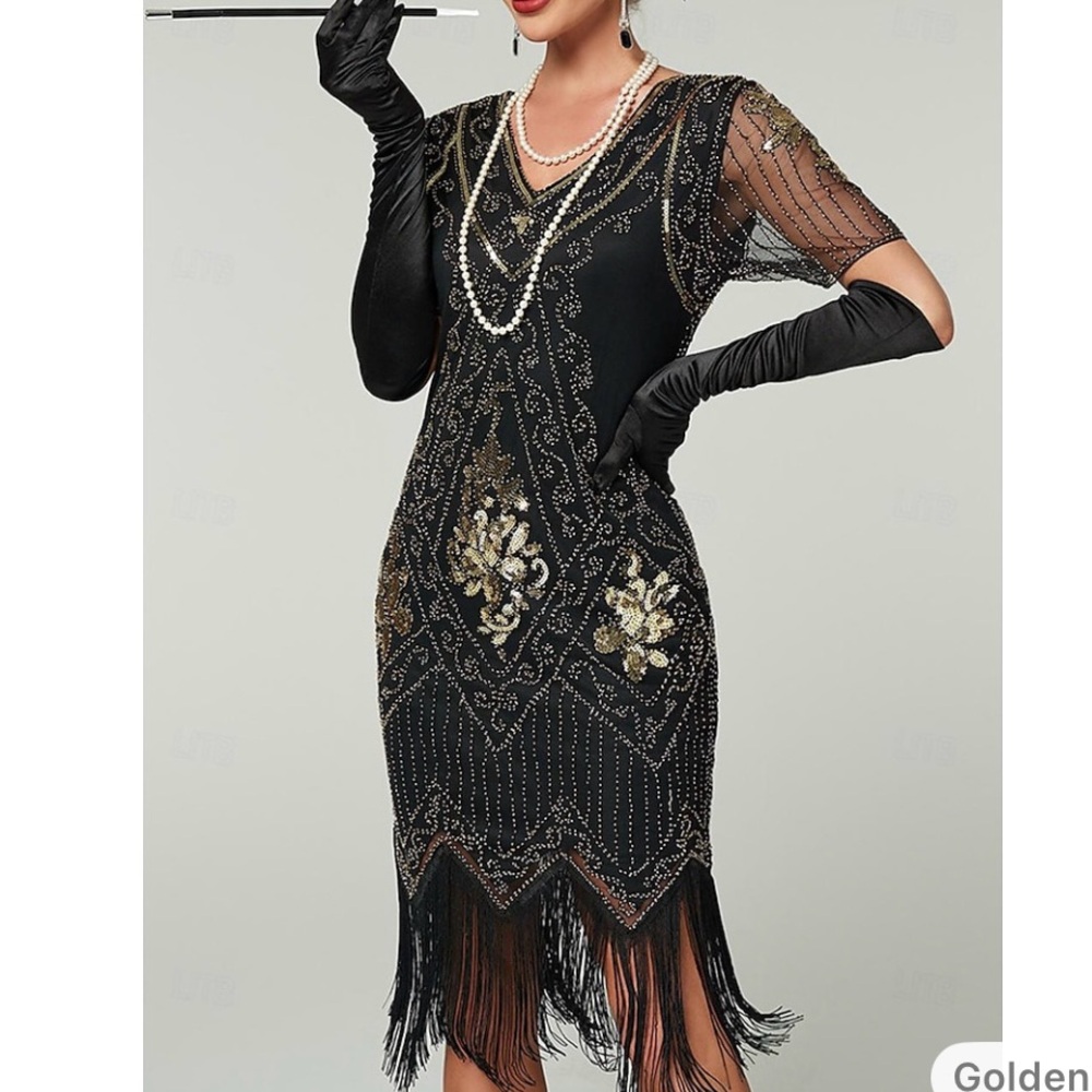 Vintage-Inspired Black and Gold Beaded Midi Dress